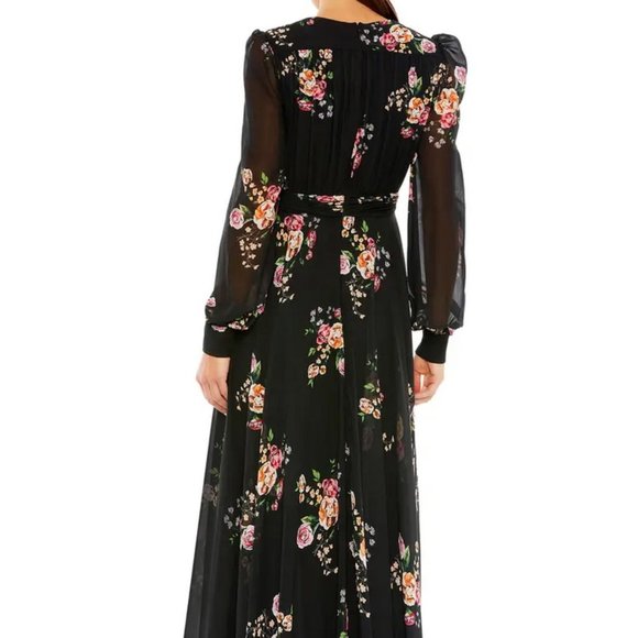 Mac Duggal Black Floral Long Sleeve Empire Waist Chiffon Maxi Dress - Picture 3 of 5